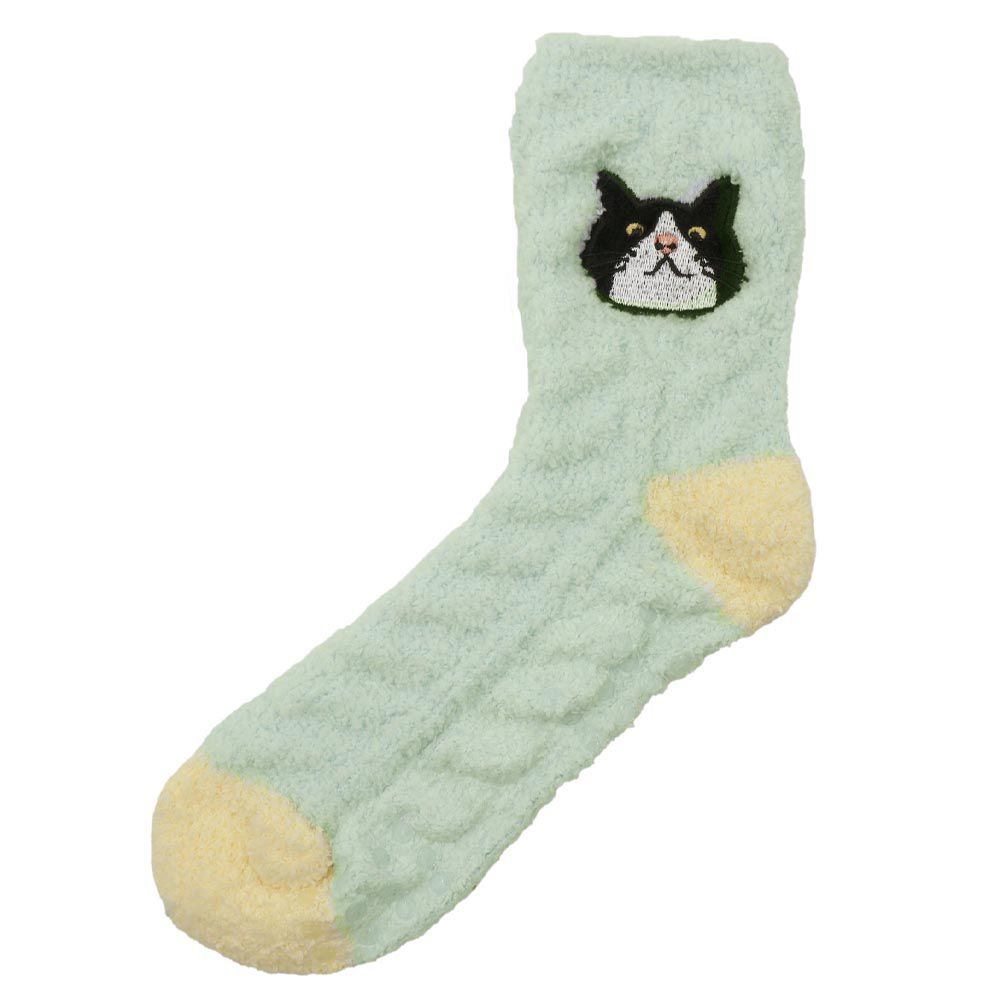 日本 friendshill - 可愛刺繡柔軟針織保暖長襪-賓士貓-薄荷 (22-25cm)
