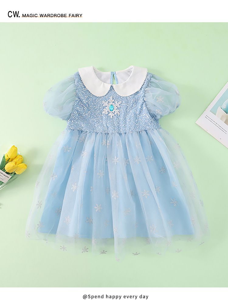 公主風娃娃領網紗洋裝-雪花寶石-淺藍色