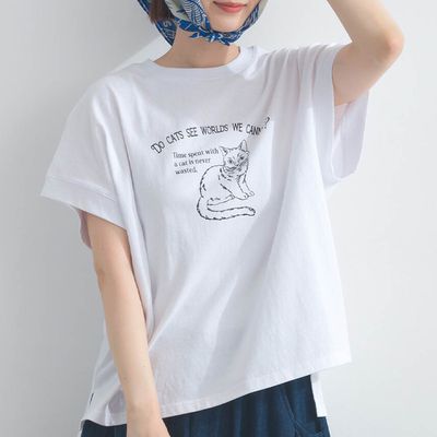 日本 Lupilien - 16OE天竺棉 貓咪印花短袖上衣-白