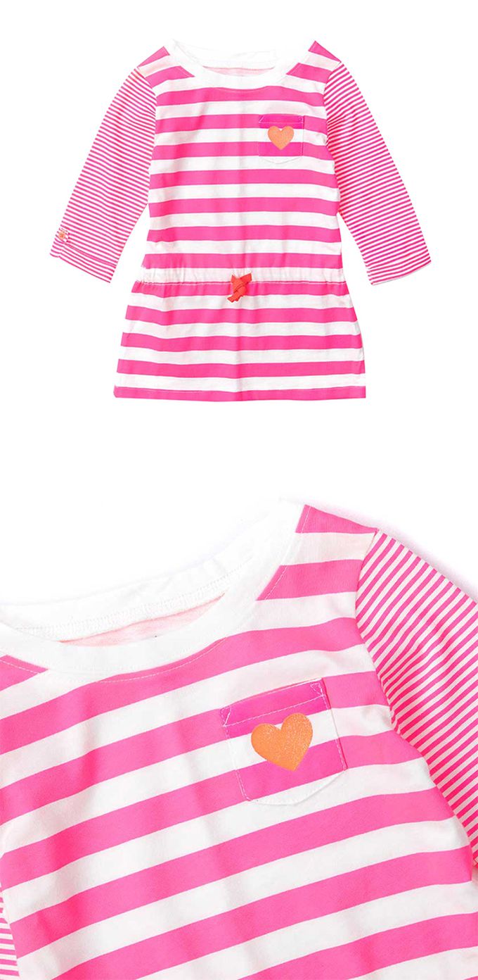 美國 Carter's - 愛心口袋橫條紋抽繩收腰長袖連身裙-綠灰