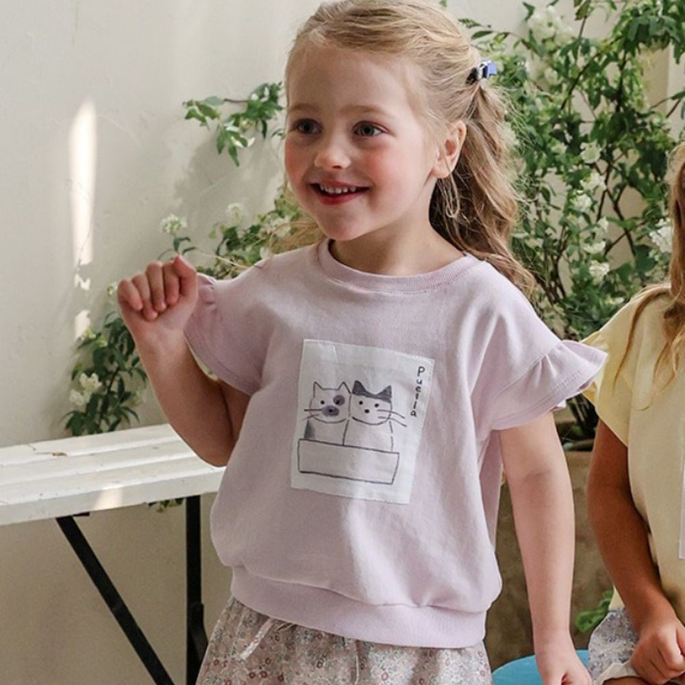 Puellaflo 貓咪圖案布貼純棉荷葉袖上衣-淺粉紫