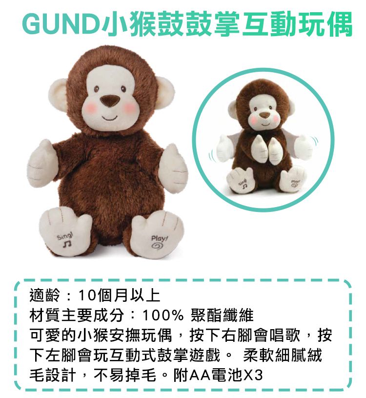 美國GUND - 小猴鼓鼓掌互動玩偶