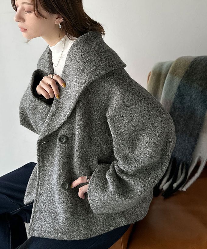 日本 Classical Elf - 注目大翻領優雅毛呢感大衣外套-淺摩卡