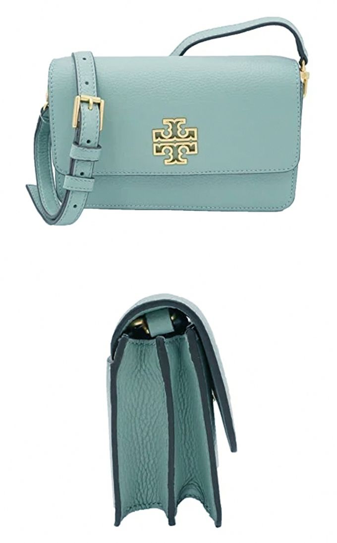 TORY BURCH - 雙T LOGO翻蓋皮革斜背鍊包 (湖水藍)