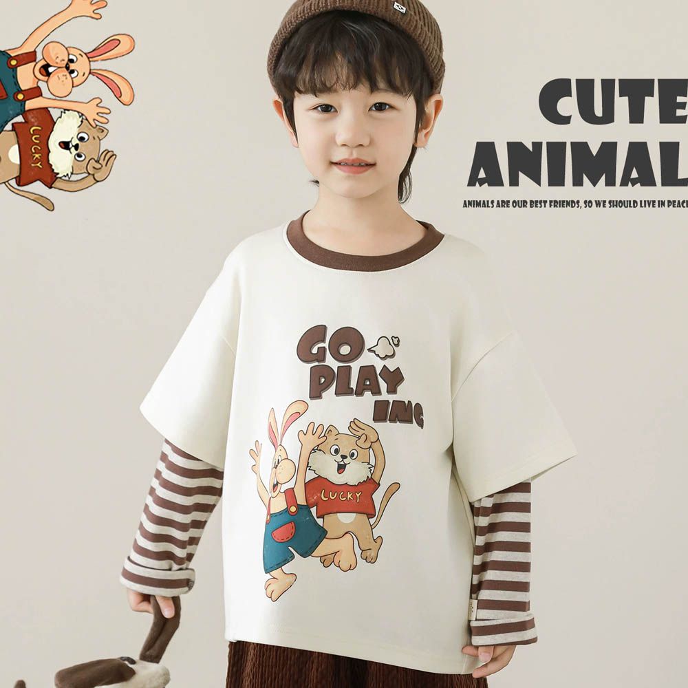 圓領假兩件長袖上衣-一起去玩-米色