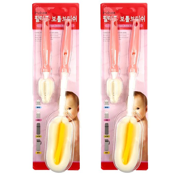 正韓 hibee - 極柔細水瓶/水壺/保溫瓶/奶瓶 萬用海綿刷+海綿隙縫刷_櫻花粉-HFB009P2(兩套)