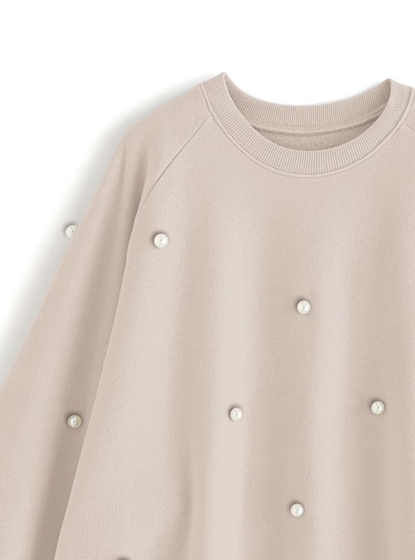 日本 GRL - 圓領磨毛珍珠點綴大學T-灰藍 (F)