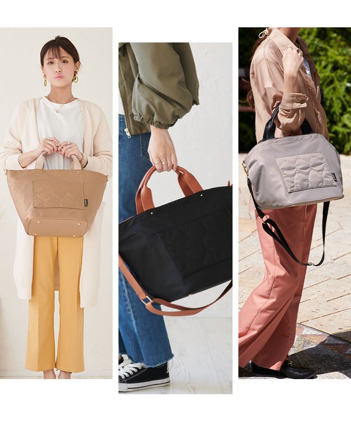 日本 LIZDAYS - 撥水加工 2WAY大容量尼龍托特包-衍縫拼接-淺灰x黑 (27x45x24cm)