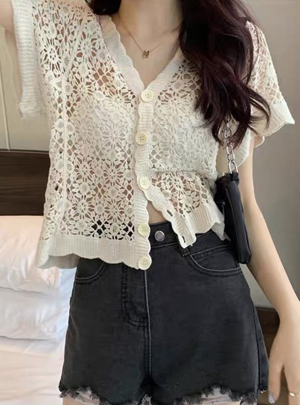 日本 GRL - 花朵鉤針V領薄外套-米杏