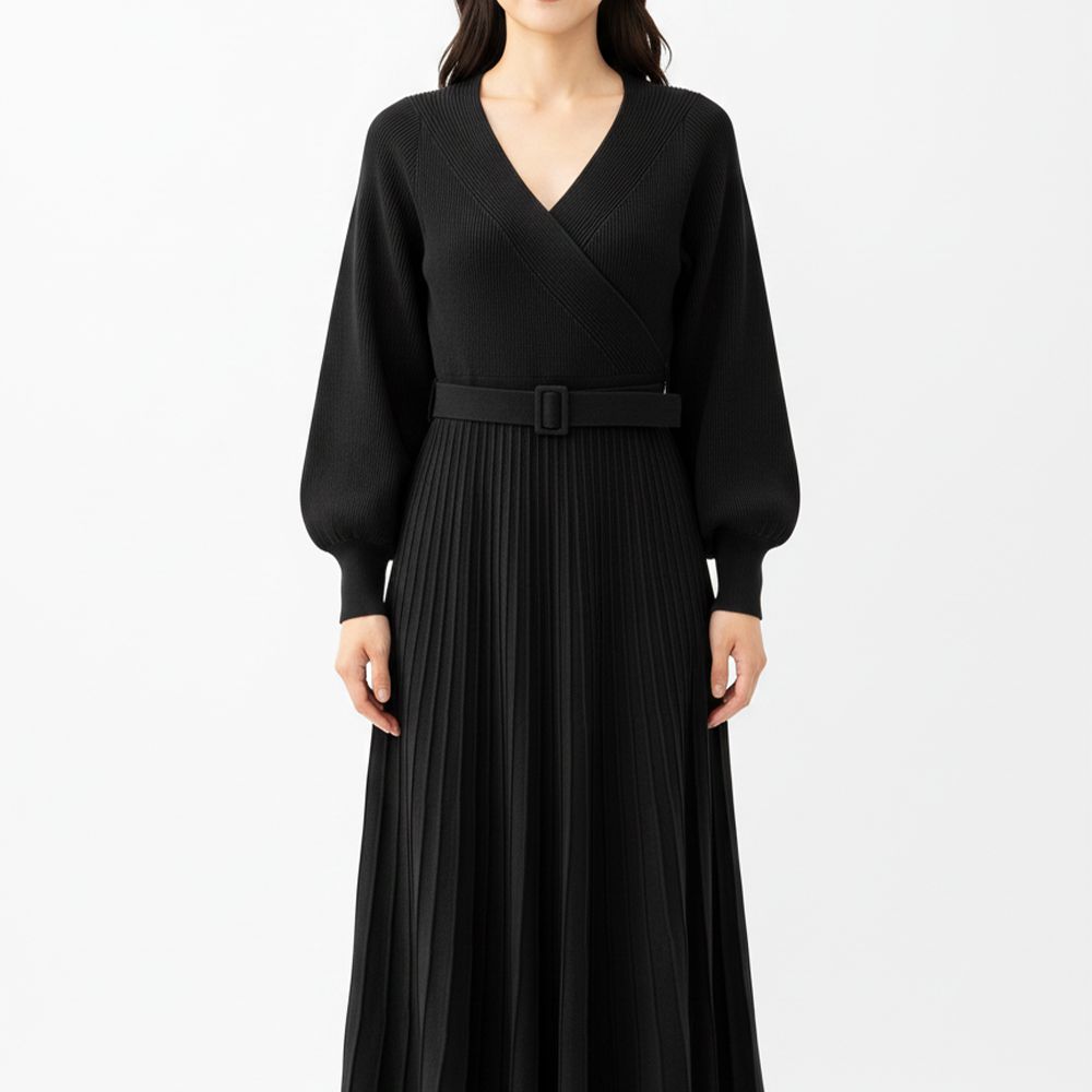 V領顯瘦合身百褶針織長袖洋裝(附腰帶)-黑