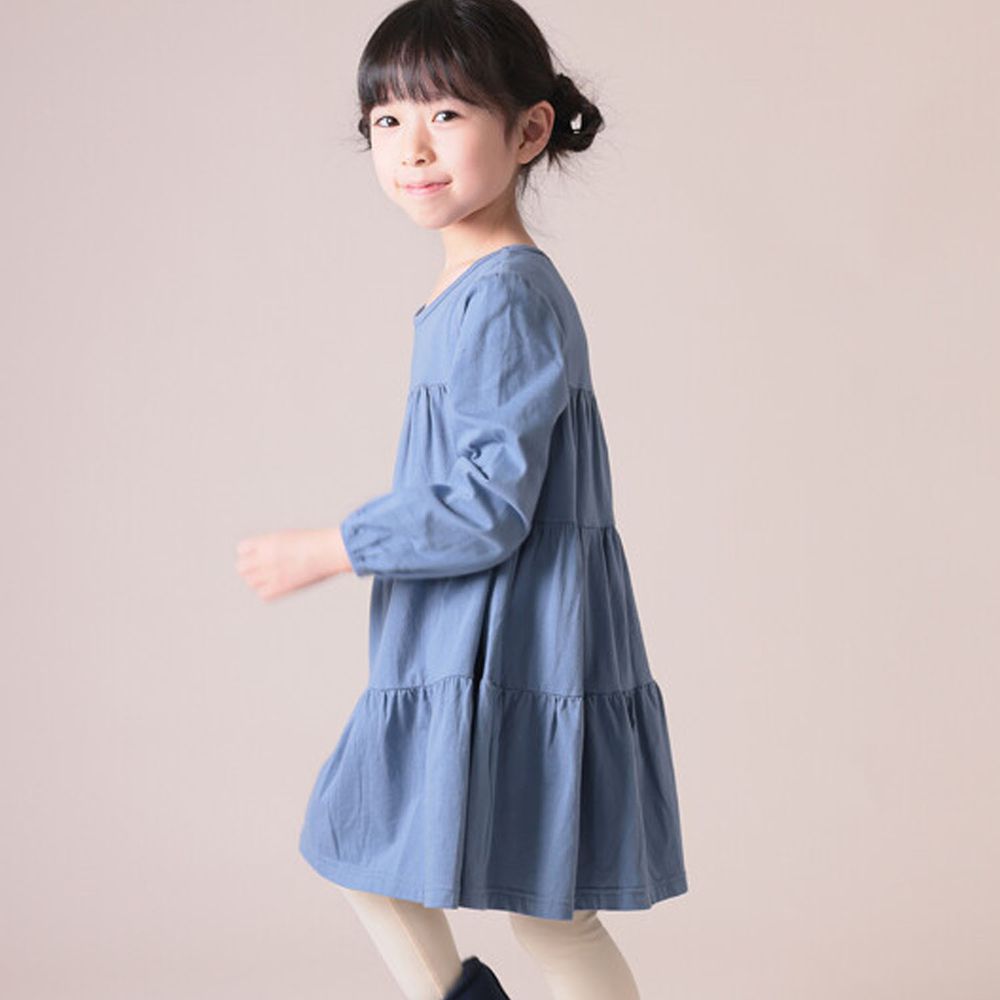 日本 TORIDORY - 純棉蛋糕層次長袖洋裝-灰藍