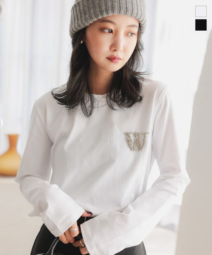 日本 Kobe Lettuce - 小奢華點綴長袖上衣-珍珠項鍊-黑