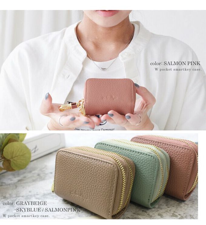 日本 LIZDAYS - 真皮鑰匙收納拉鍊小包-鮭魚粉 (8.5x6x4cm)