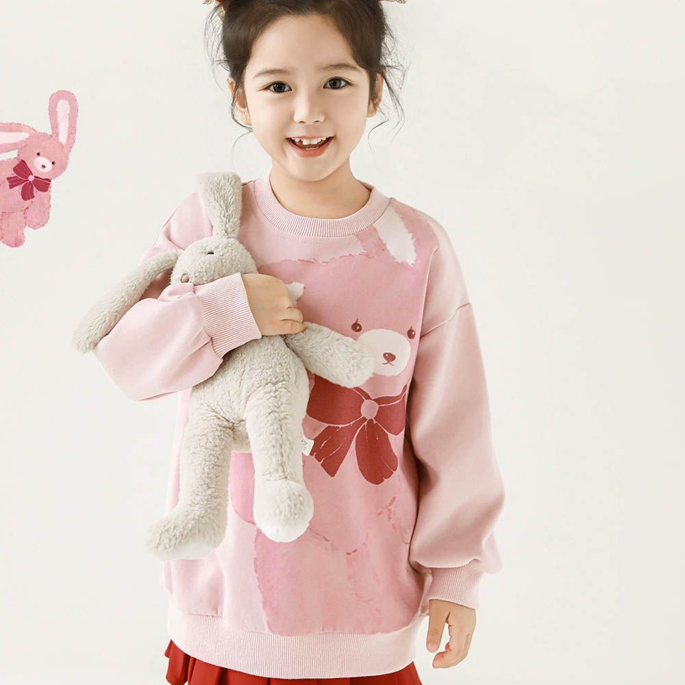 圓領休閒長版上衣/大學T-超大兔兔-粉色