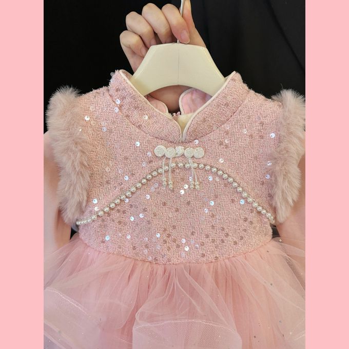 新年拜年淑女新式旗袍領鋪棉波浪網紗洋裝