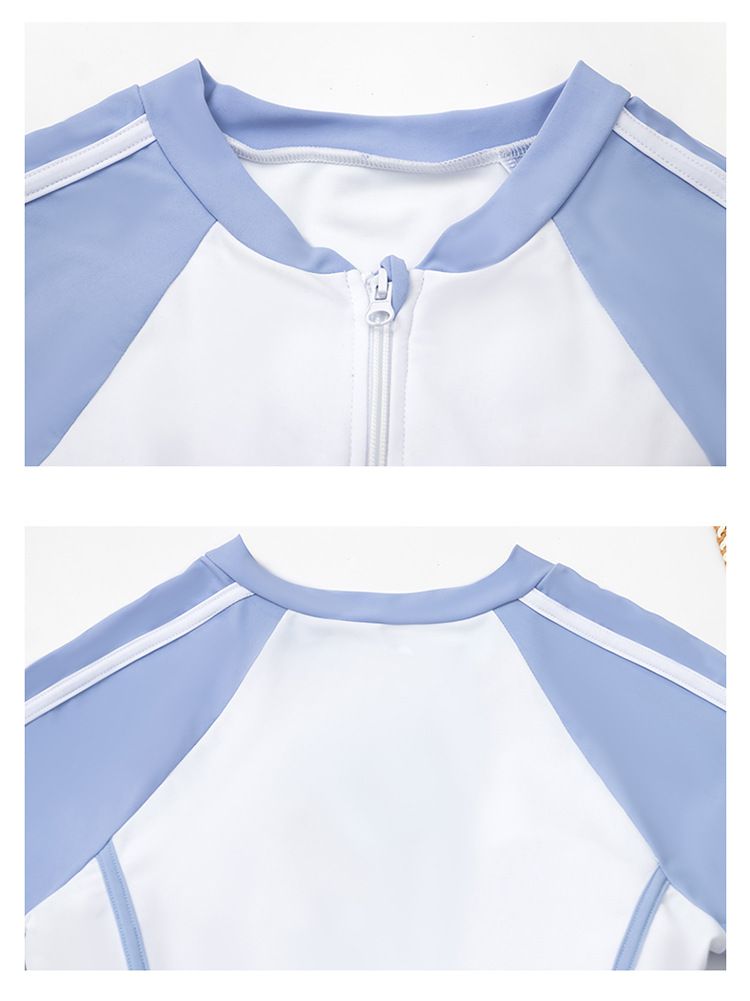 大童女孩運動風長袖連身裙泳衣-拼色款-藍+白