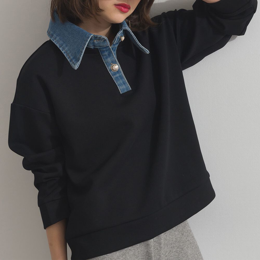 牛仔領層次感厚磅休閒長袖上衣-黑