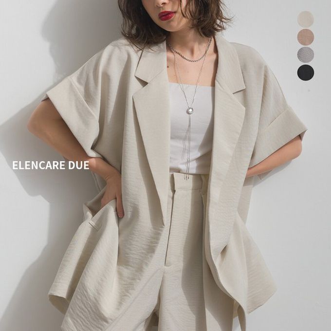 日本 ELENCARE DUE - 亞麻質感清爽寬版短袖西裝外套-象牙米