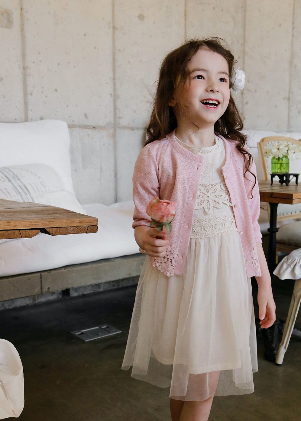 韓國 PuellaFLO - 鏤空花朵圓領網紗洋裝-米白