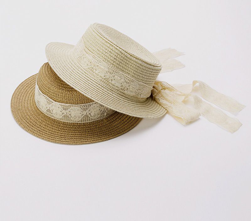 兒童公主蕾絲蝴蝶結遮陽草帽-卡其 (48-50cm)