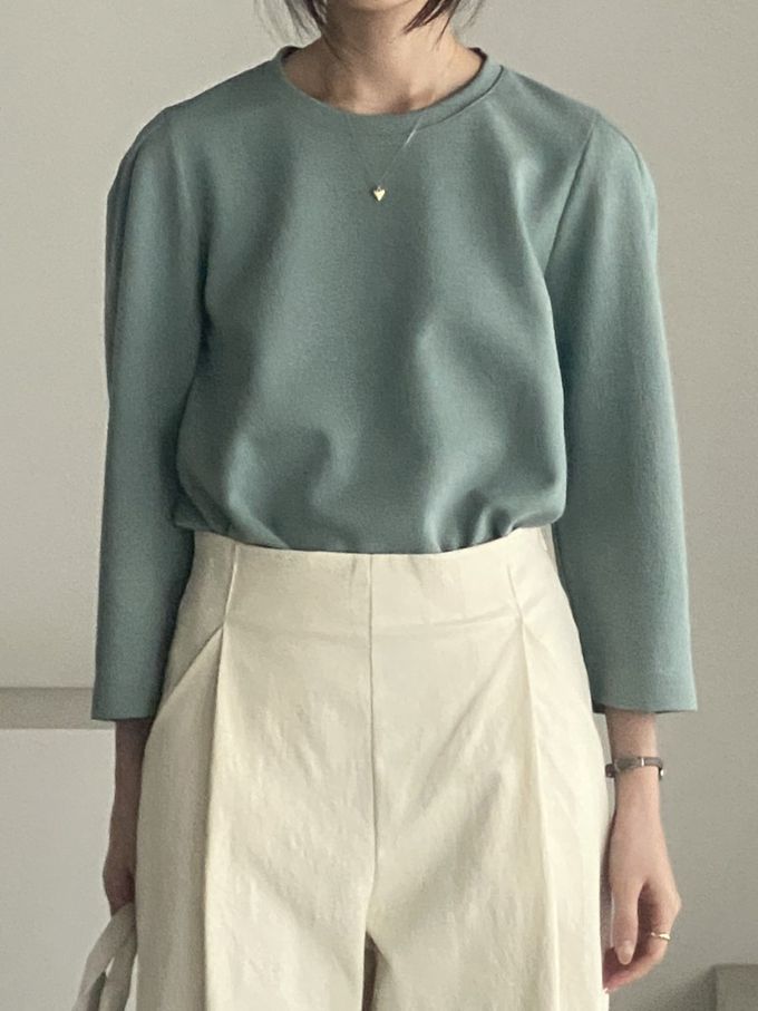 韓國女裝連線 - 設計感抓褶拼接八分袖上衣-藍綠 (FREE)