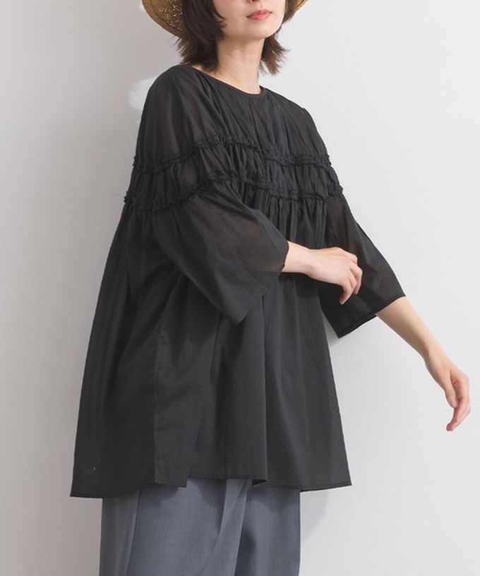 日本 Lupilien - 100%棉 輕盈感皺摺廓形五分袖上衣-黑