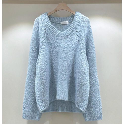 韓國女裝連線 - 麻花辮V領羊毛混織上衣-天藍 (FREE)