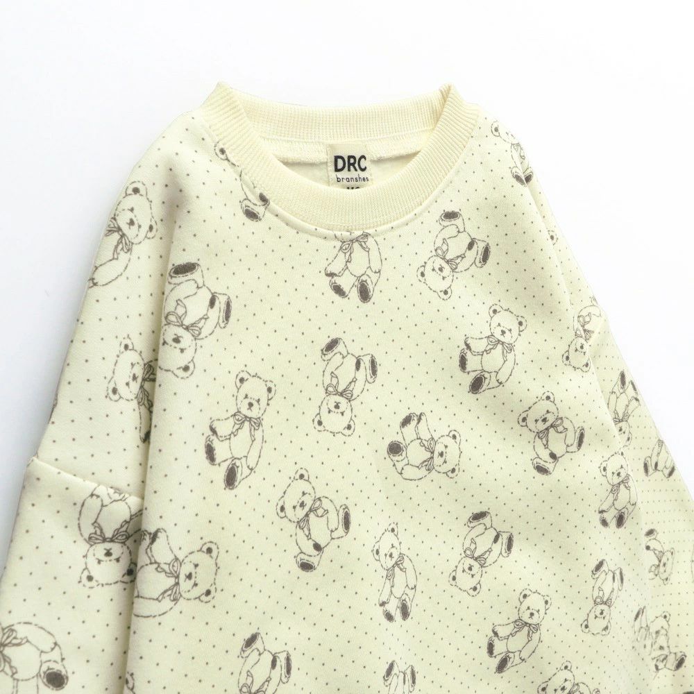 裏起毛 可愛女孩縮口長袖上衣-滿版小熊-奶油黃