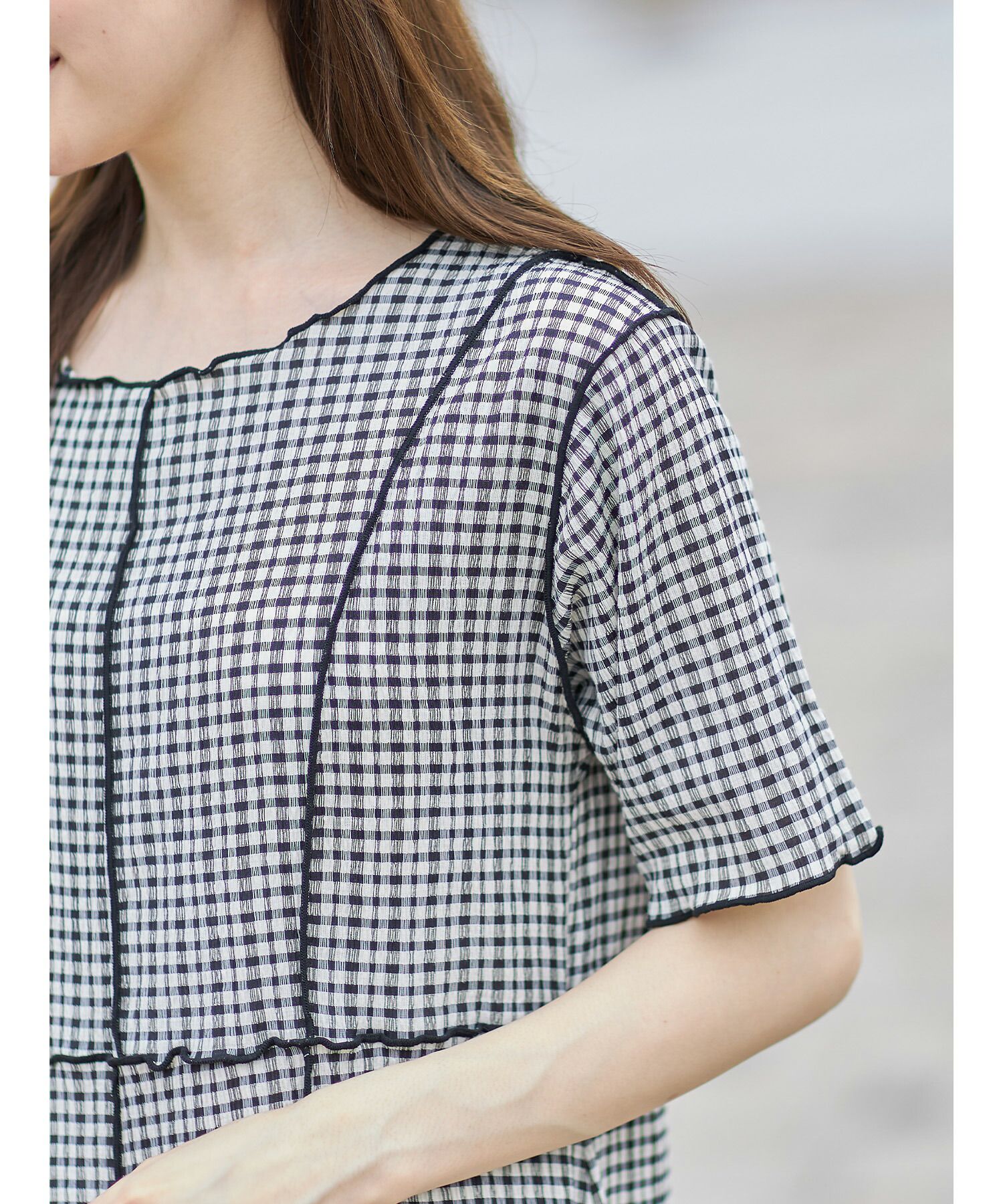 日本 tocco-closet - 修身線條五分袖洋裝-格紋-薄荷