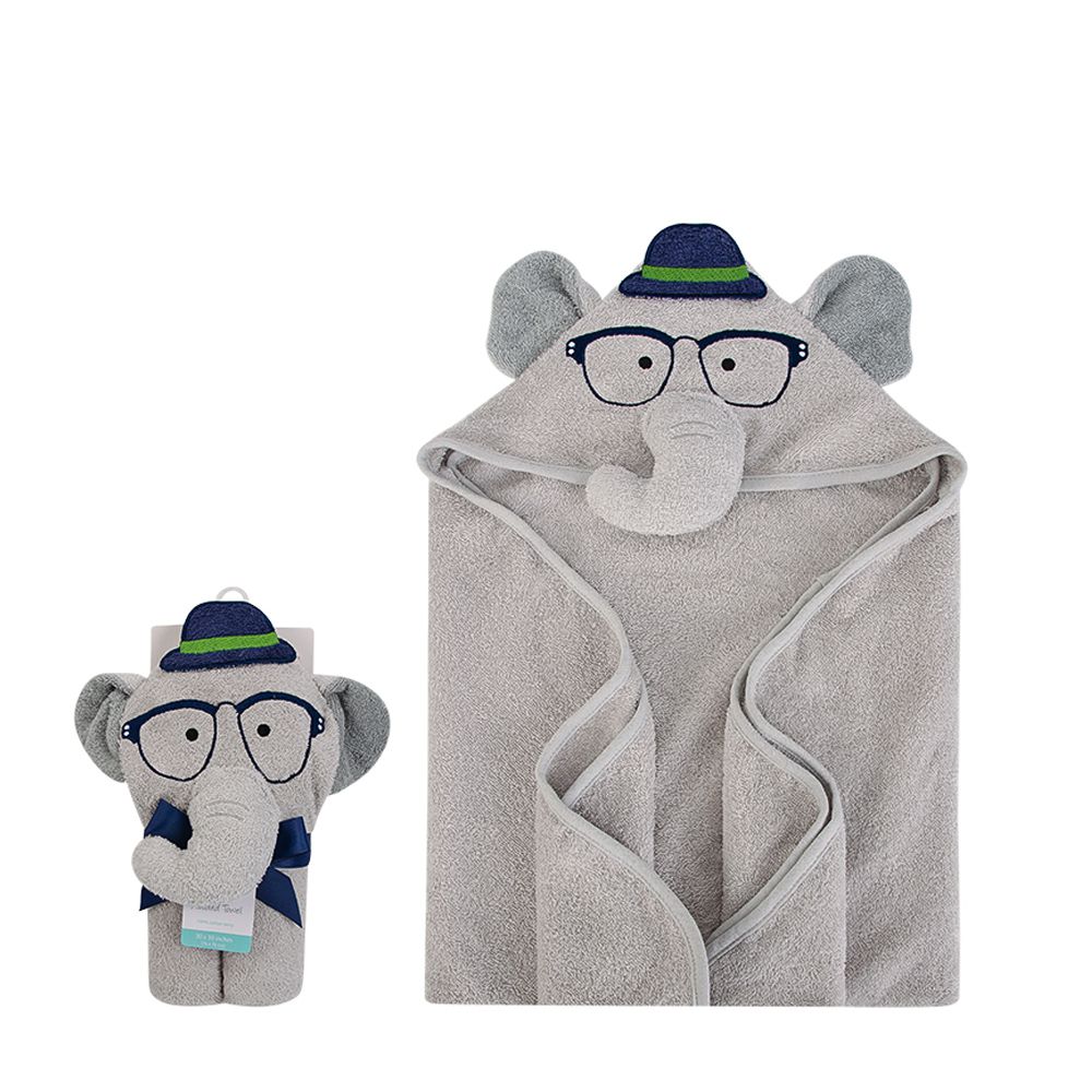 美國 Luvable Friends - 甜蜜寶貝100% 純棉嬰幼兒動物造型連帽浴巾/包巾-灰色大象