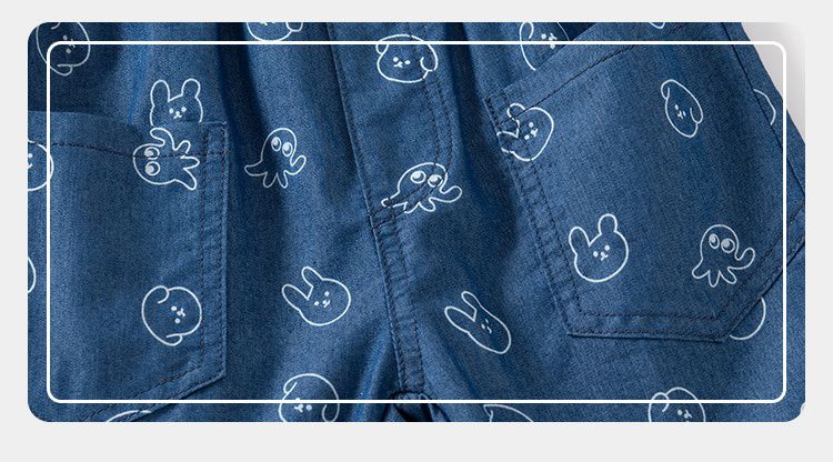 WELLKIDS - 腰鬆緊休閒牛仔五分褲-萌萌小動物-深藍色