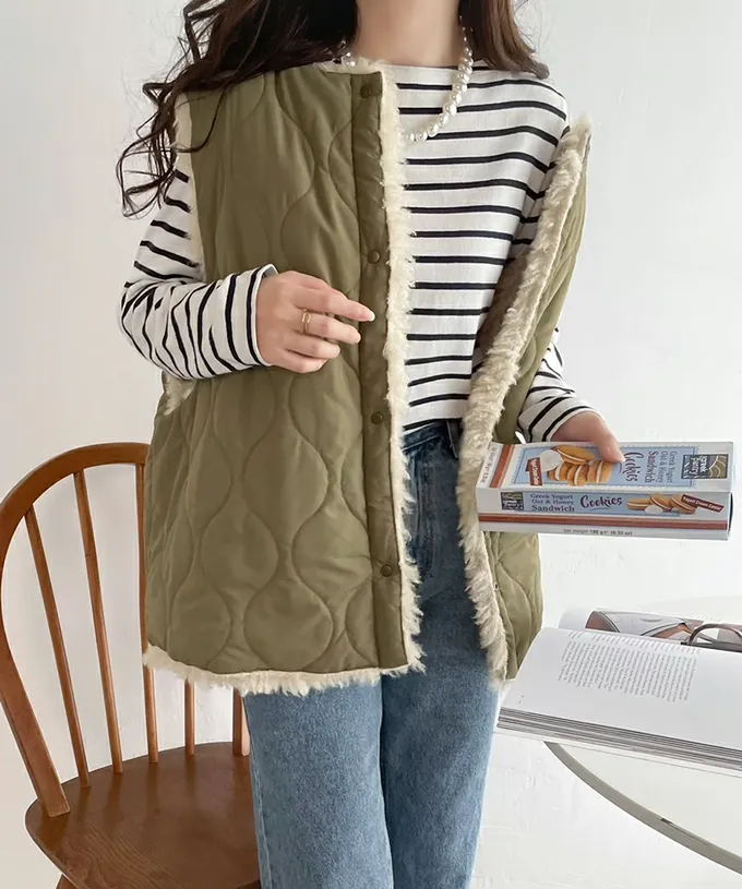 日本 Classical Elf - Java 雙面穿時尚泰迪熊毛絨背心-米杏