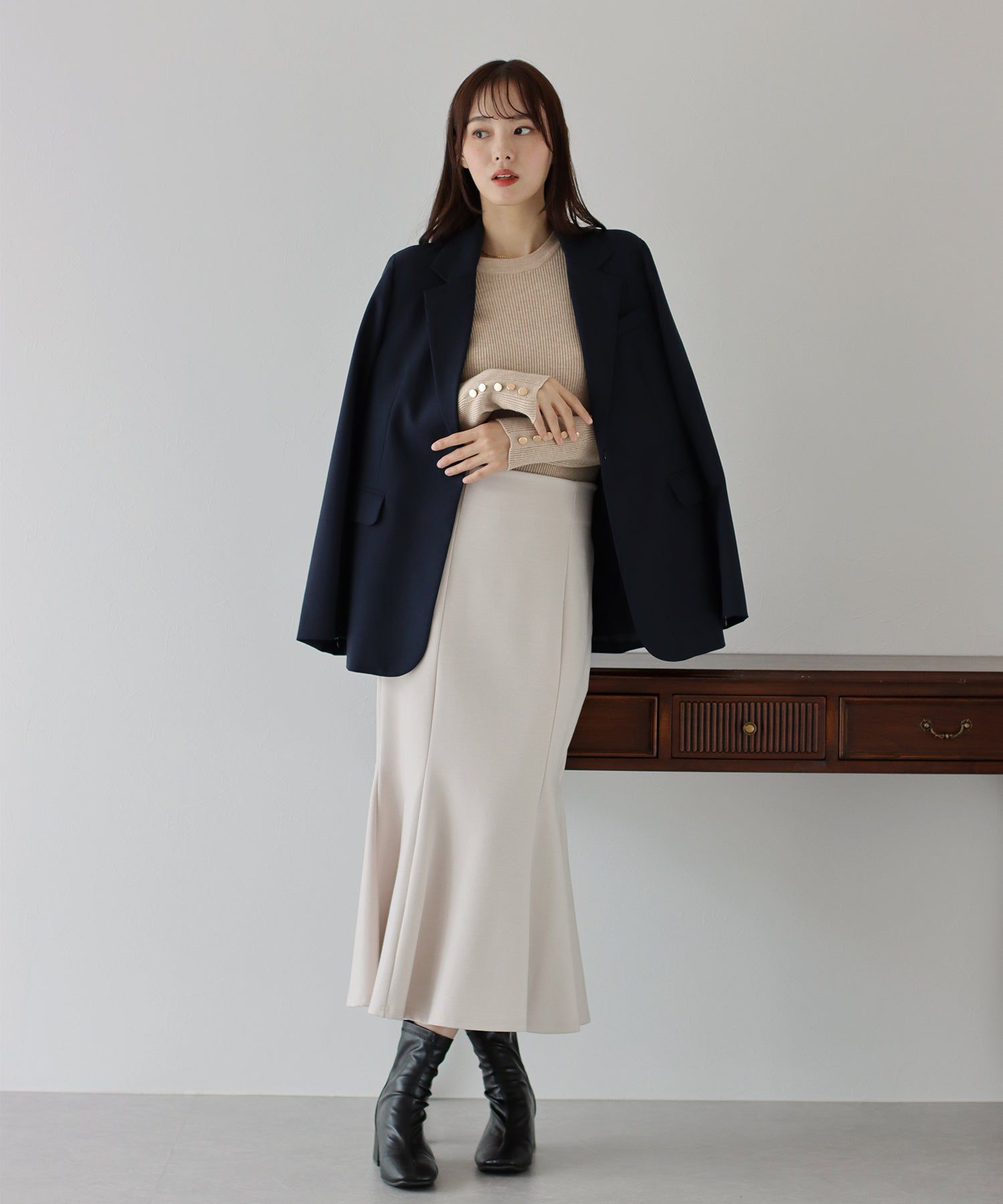 日本 BLUE EAST - 時尚金釦羅紋針織上衣-墨綠