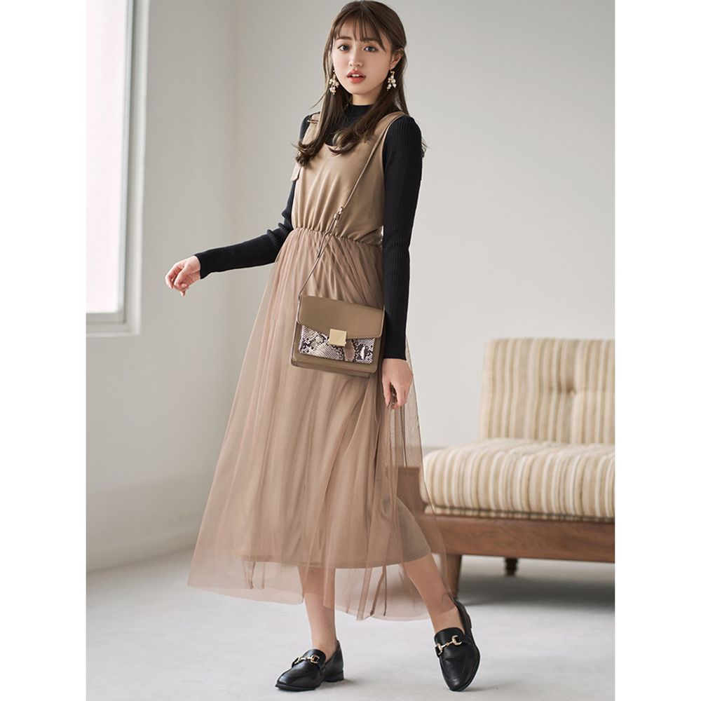 日本 GRL - 設計感撞色薄紗吊帶裙X素色針織上衣套裝-黑X摩卡