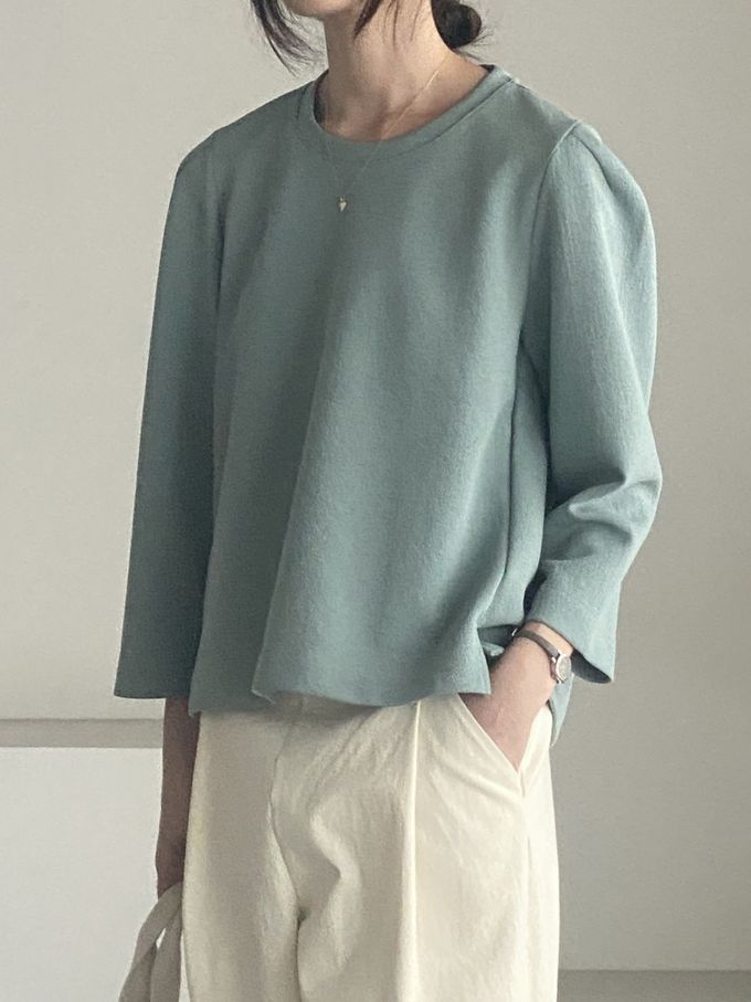 韓國女裝連線 - 設計感抓褶拼接八分袖上衣-藍綠 (FREE)