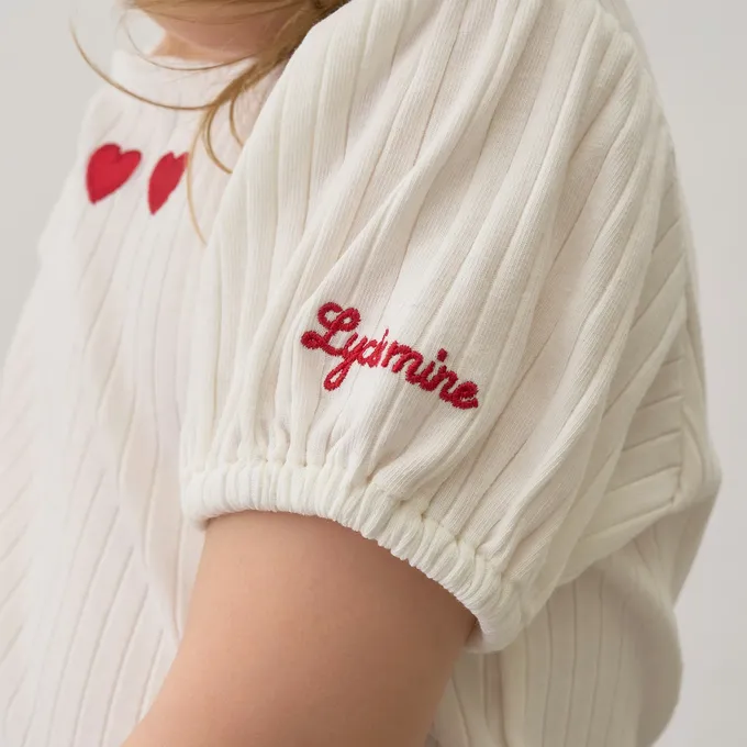 日本 Lycee mine - 方領羅紋可愛刺繡泡泡短袖上衣-愛心-象牙白