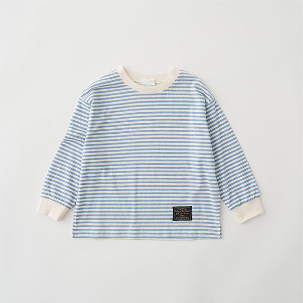 日本 b-ROOM - 100%棉 下擺品牌標籤條紋長袖上衣-黑