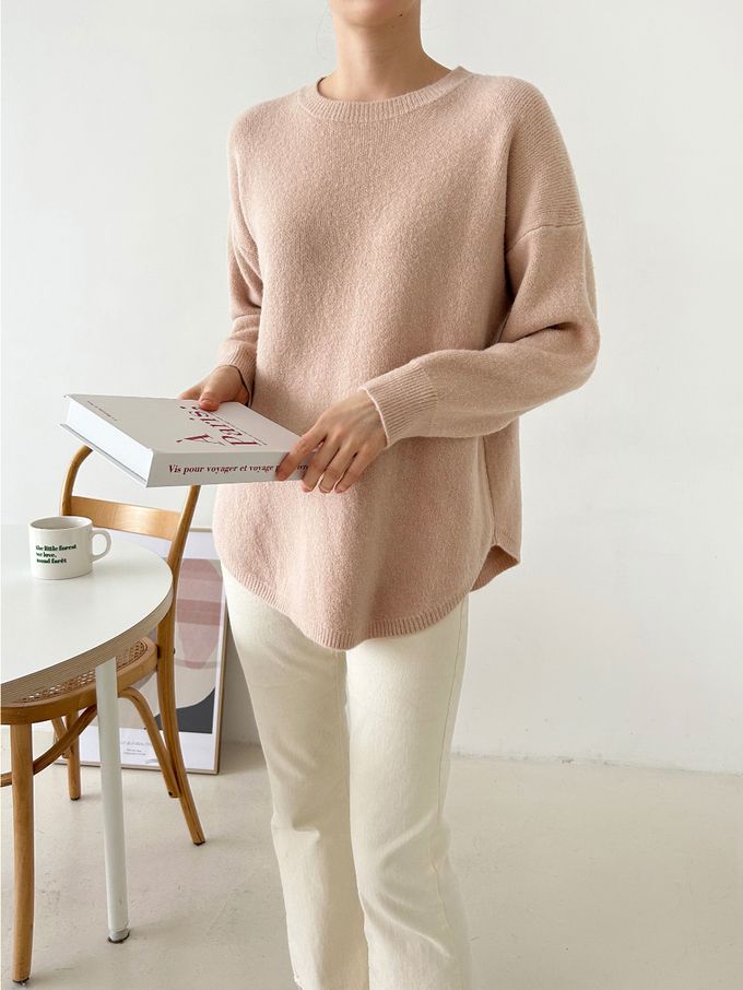 韓國女裝連線 - 極簡針織弧形下擺上衣-淺粉 (FREE)