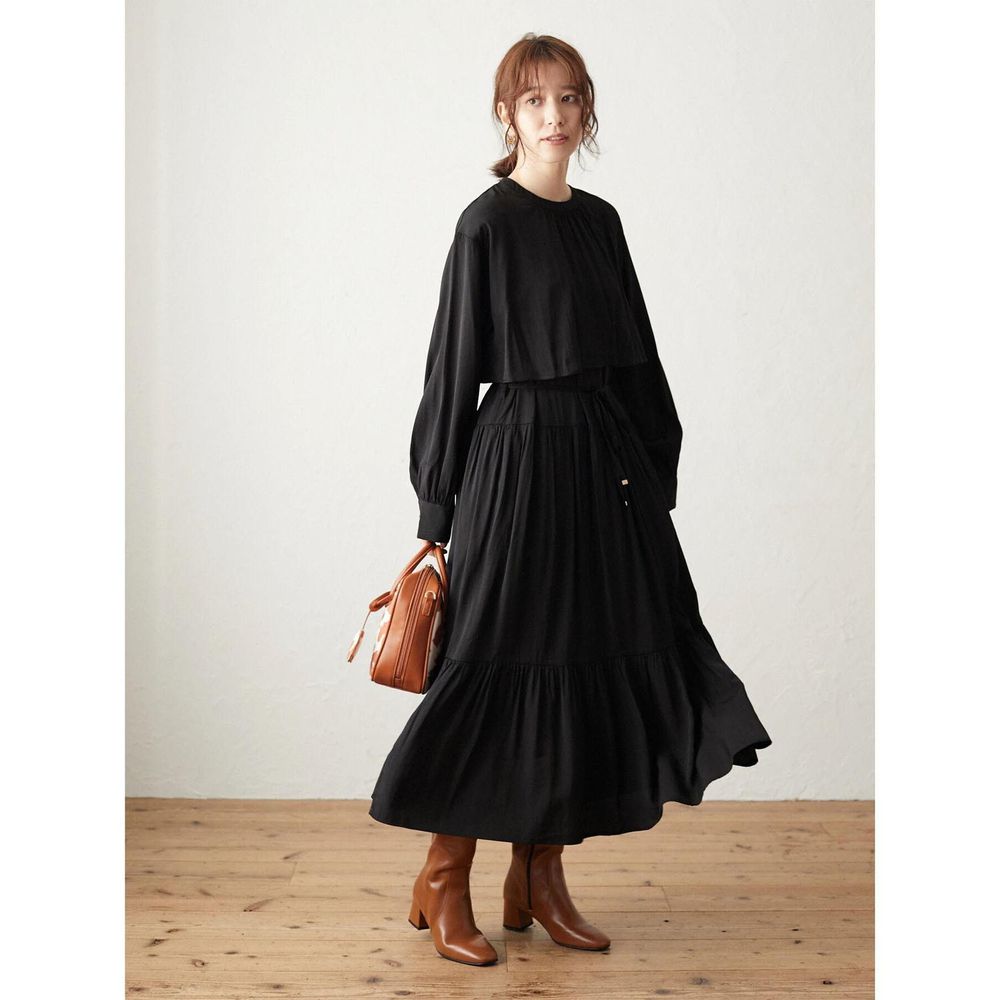 日本 ELENCARE DUE - 多層次收腰蛋糕裙設計長袖洋裝-黑