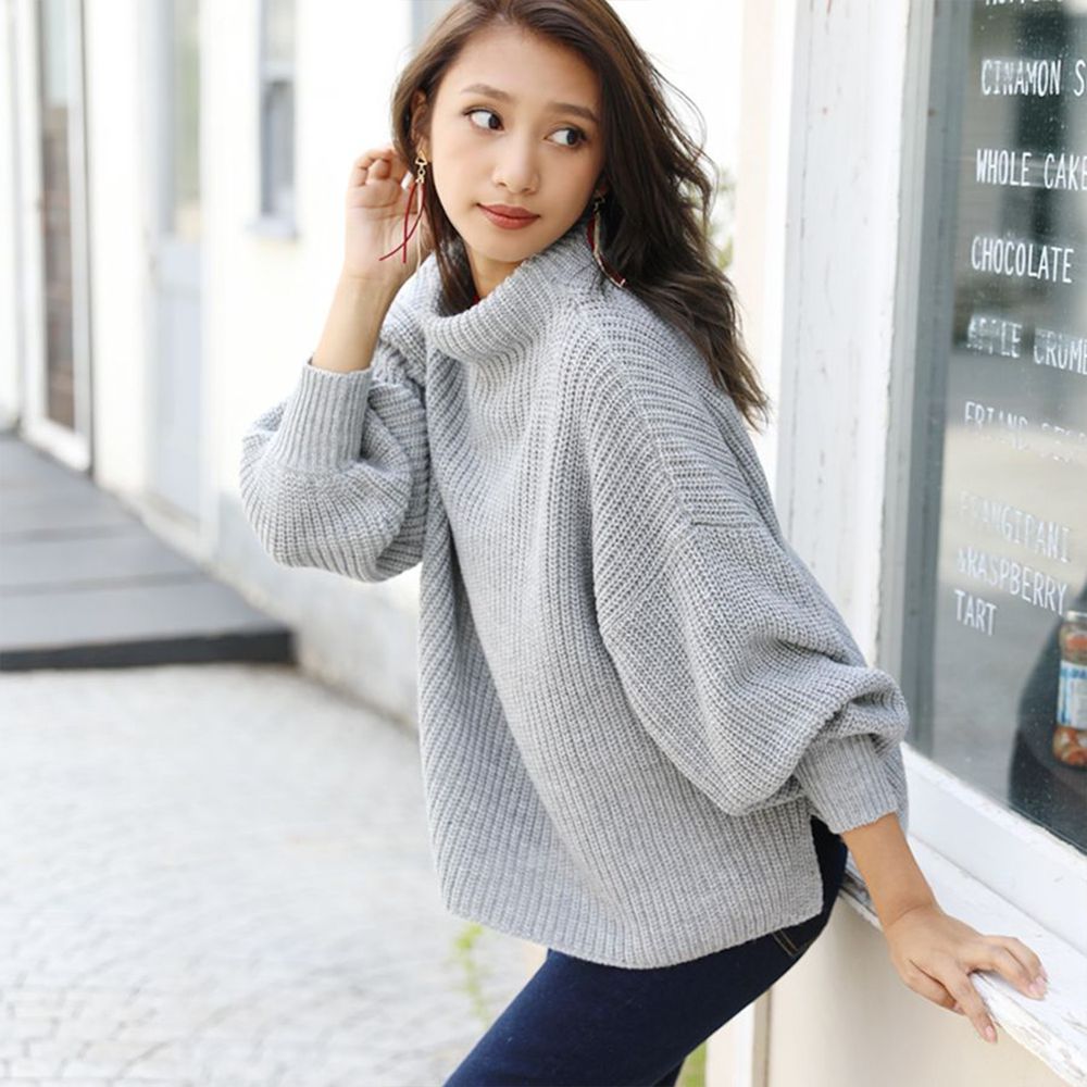 日本女裝代購 - 修身顯瘦針織毛衣(廣口領) (淺灰)