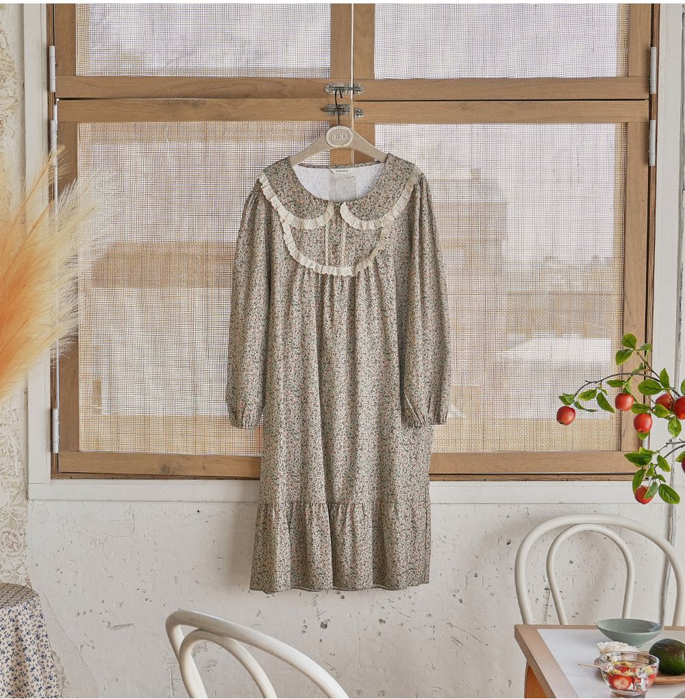 韓國 ULLALA - 浪漫碎花純棉長袖睡衣-(洋裝式)-薄荷綠 (FREE)