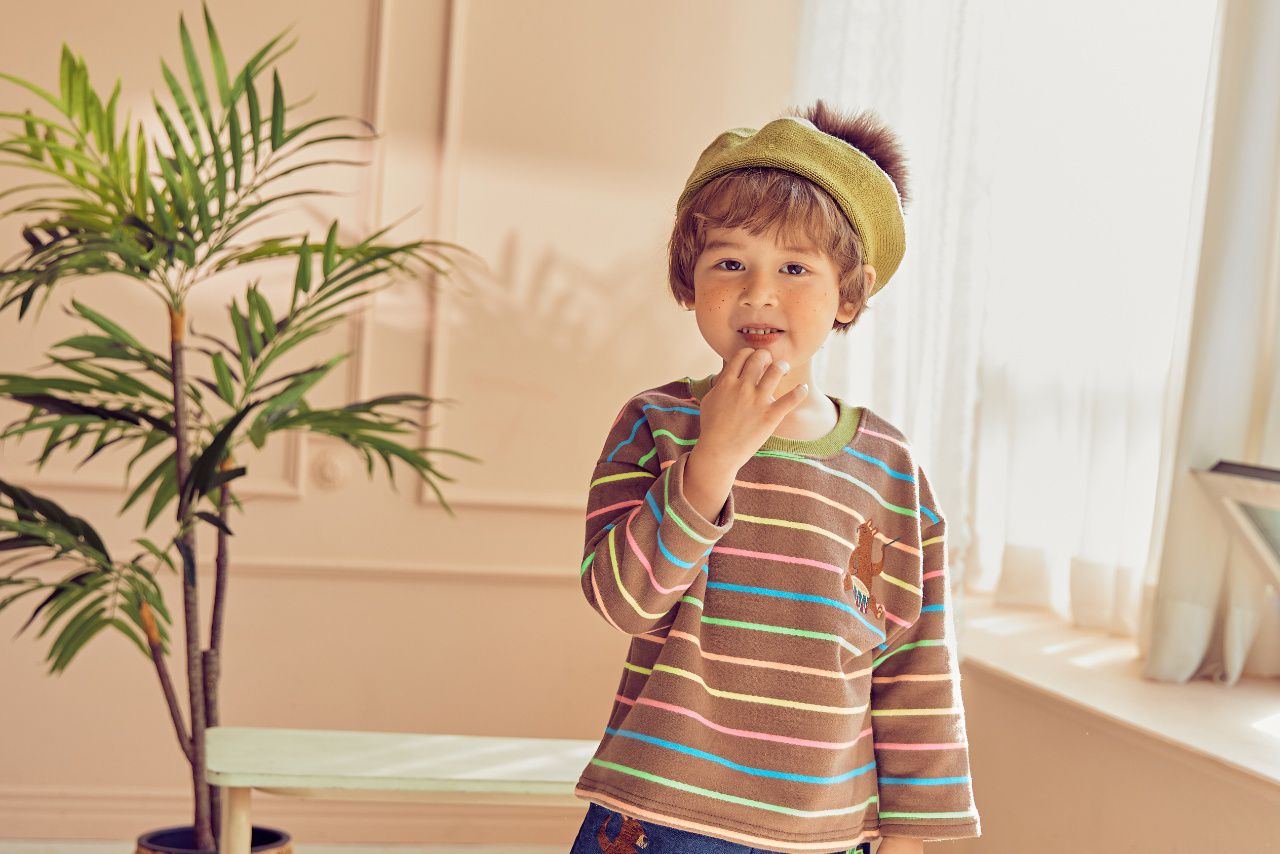 韓國 Mimico - (裏起毛)刺繡打鼓熊條紋T-棕