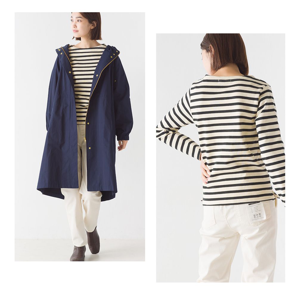 日本 OMNES - 顯瘦船領純棉薄長袖上衣-條紋-杏x白