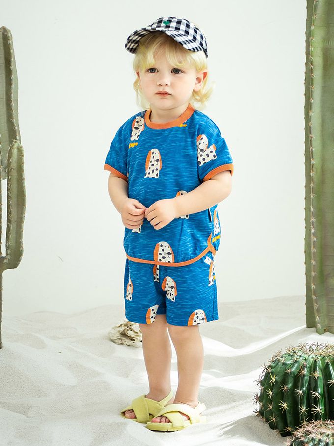 韓國 Pimpollo - 長耳斑點狗狗印短袖套裝-藍X磚紅