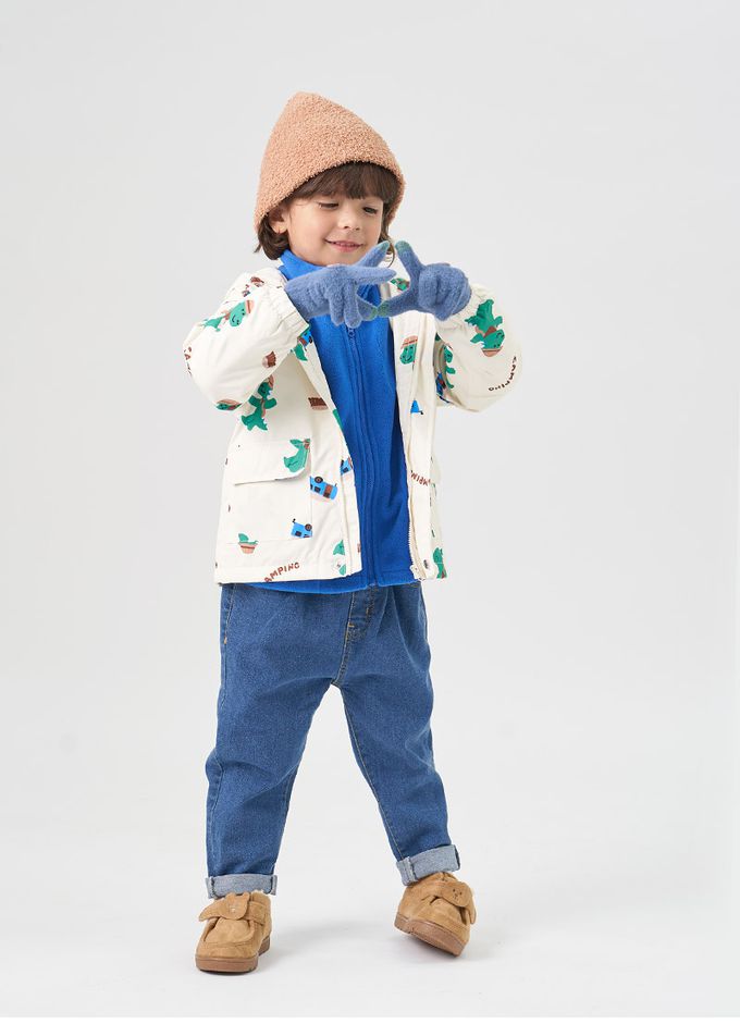 韓國 OZKIZ - (兩件式)防潑水搖粒絨連帽外套-郊遊恐龍-米白X藍