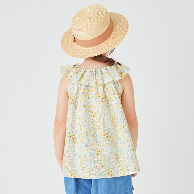 日本 evercloset - 滿版花荷葉領無袖上衣-黃系