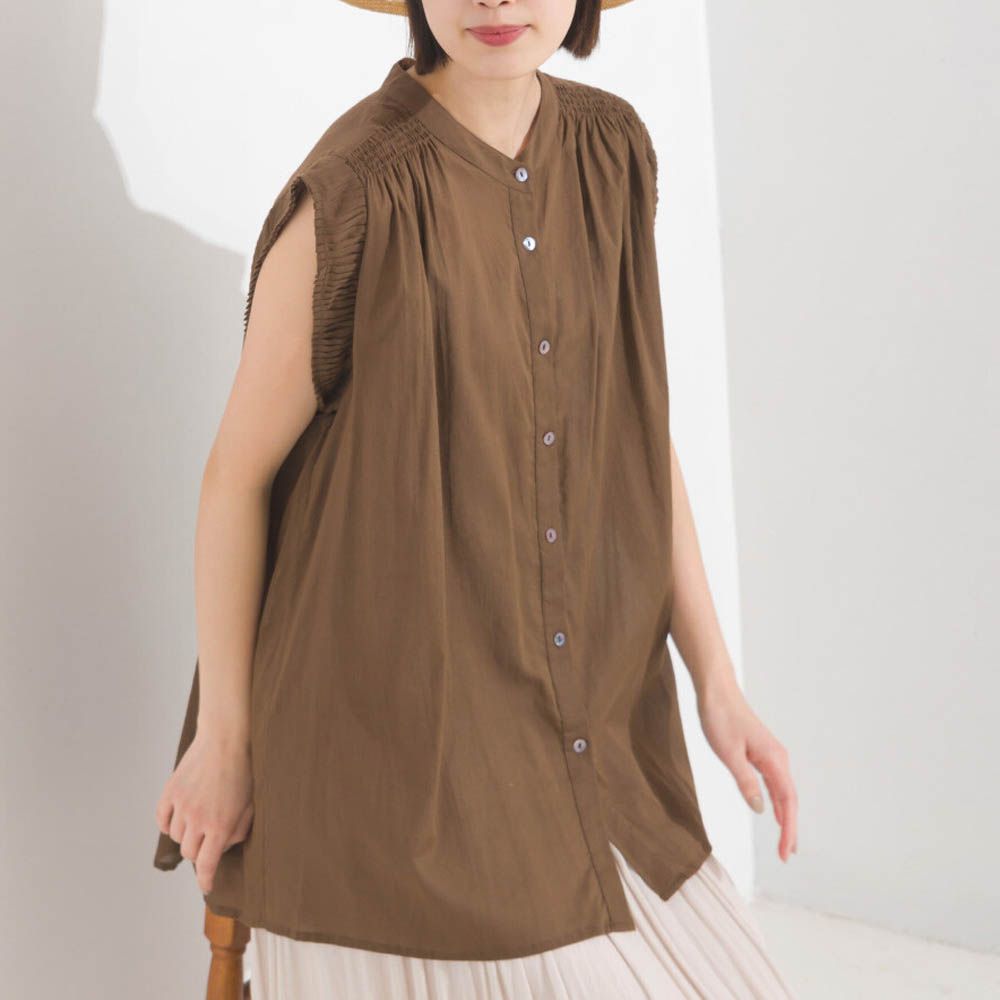 100%印度棉 襯衫式褶邊無袖上衣-咖啡