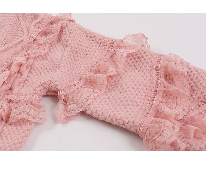 甜美蕾絲花邊針織毛衣外套-米杏