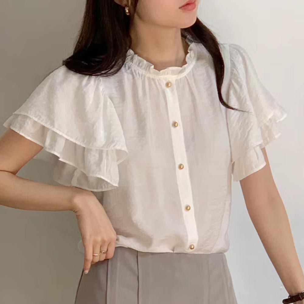 韓國女裝連線 - 迷人層次荷葉袖金釦襯衫-白 (FREE)