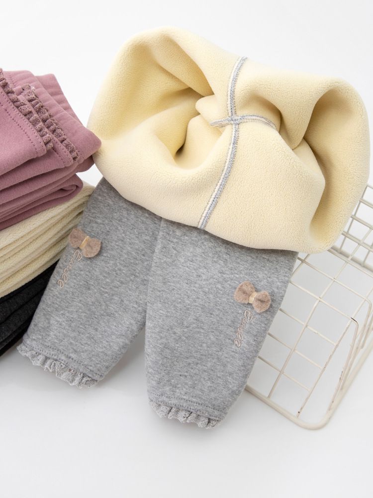 FANMOU - 加絨腰鬆緊內搭褲-蝴蝶結-黑色